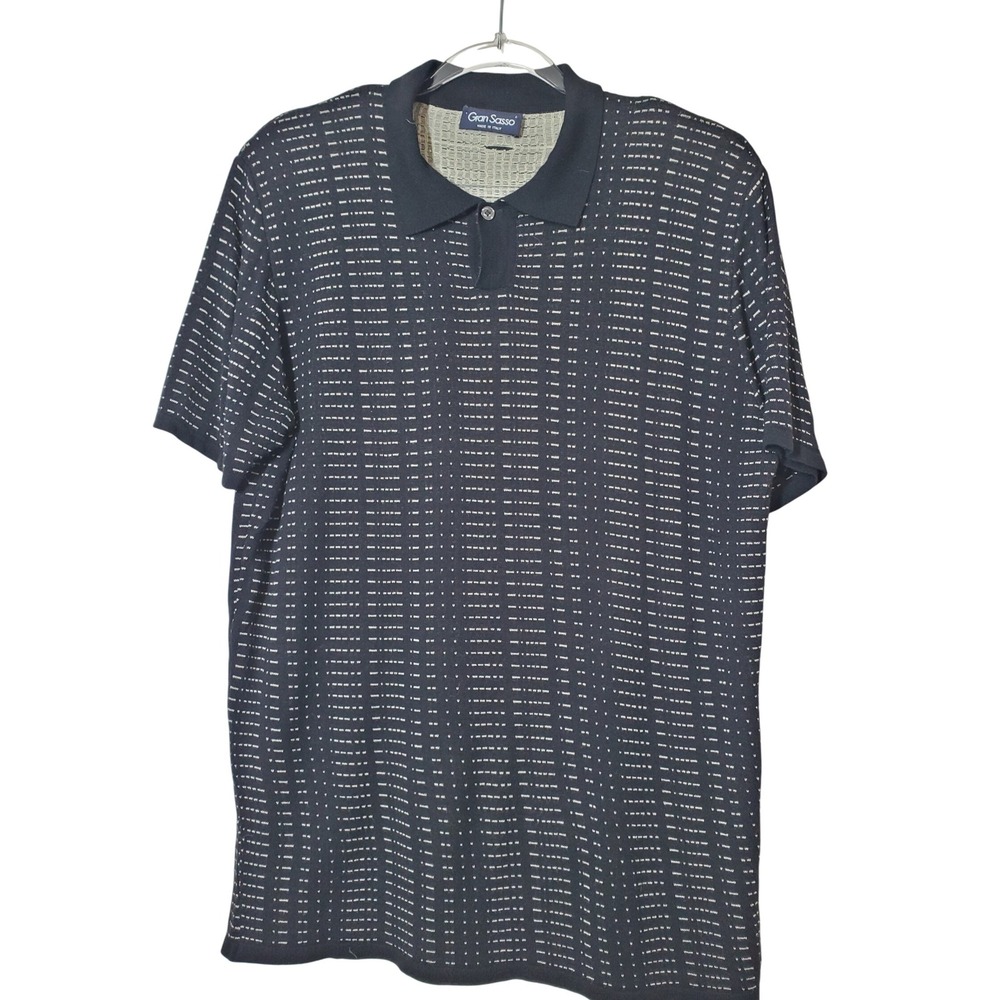 Gran Sasso Mens Black Geometric Knit Polo Shirt Made in‎ Italy Stretch Knit